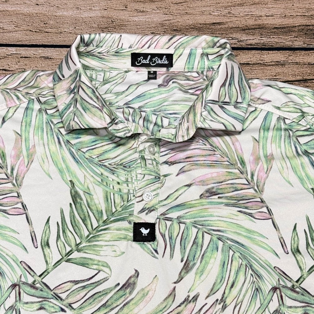 Bad Birdie Polo Shirt Men Medium White Green Tropical Palm Leaf Golf Athletic